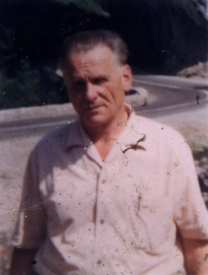 Homme âgé corpulent en chemise à manches courtes, route en arrière-plan.