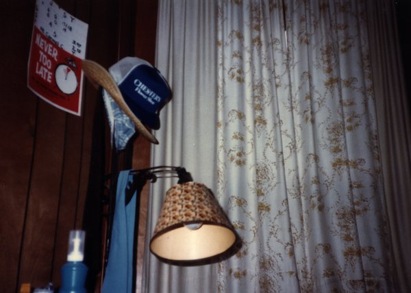 Lampe avec abat-jour à fleurs et patère avec casquette et chapeau sur un mur lambrissé où est accroché une affichette : Never too late, grand rideau à motifs en arrière-plan.