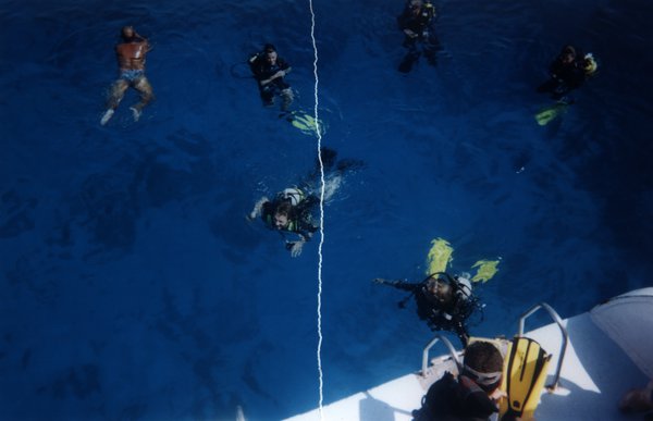 Piscine avec plongeurs à bouteilles.