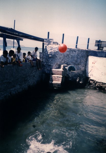 Bassin à dauphins au-dessus duquel est suspendu un ballon rouge, mer et bord côtier en arrière-plan.