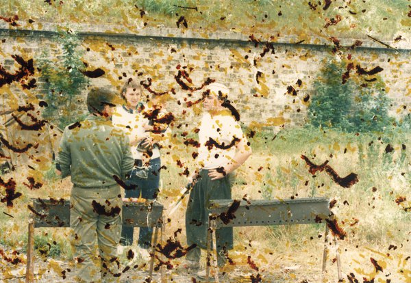 Hommes et femmes debout devant des barbecues dans la nature. Image abîmée.