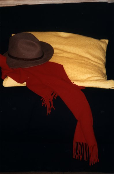 Nature morte d'un chapeau marron et d'une écharpe rouge sur un coussin jaune.ᴬᴵ