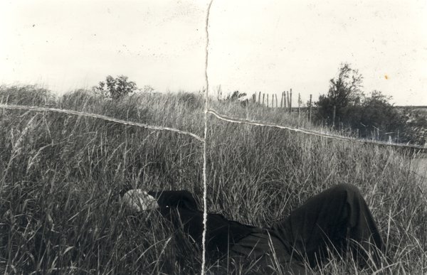 Individu allongé dans de grandes herbes. Image déchirée reconstituée. Noir et blanc.