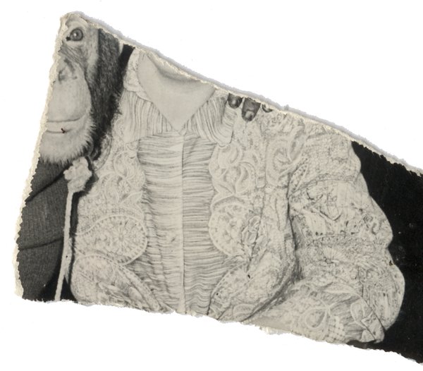 Buste de femme en chemise en dentelle avec un singe. Noir et blanc. Fragment.