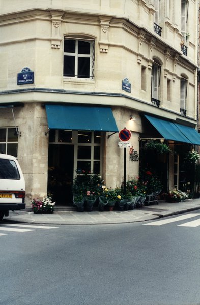 Devanture d’un fleuriste au coin d’une rue parisienne.