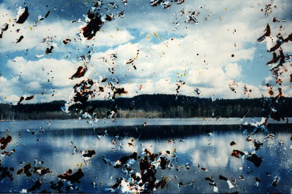Paysage de lac bordé de forêt. Image avec taches.ᴬᴵ