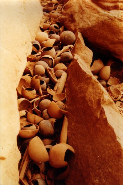 Failles de rochers au pied d’une falaise où sont disposées des calebasses.